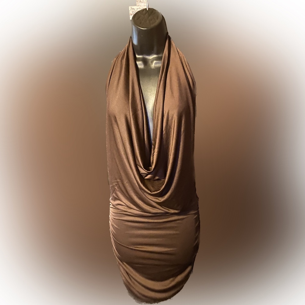 Chocolate Backless Drape Halter Top or Bodycon Dress w/ gathered sides back. NWT